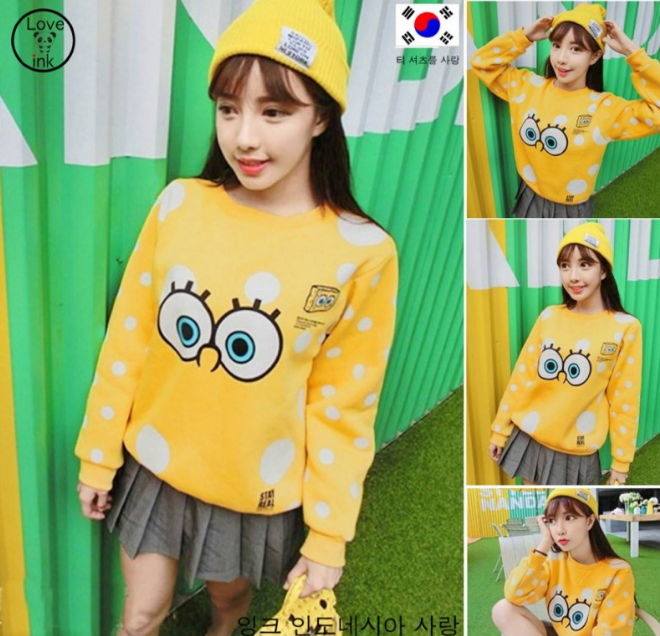 Baju tidur wanita motif spongebob dengan kupluk