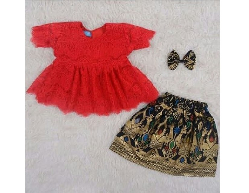 Baju Kebaya Anak Peplum Lengan dan Rok Pendek Warna Merah Cabe