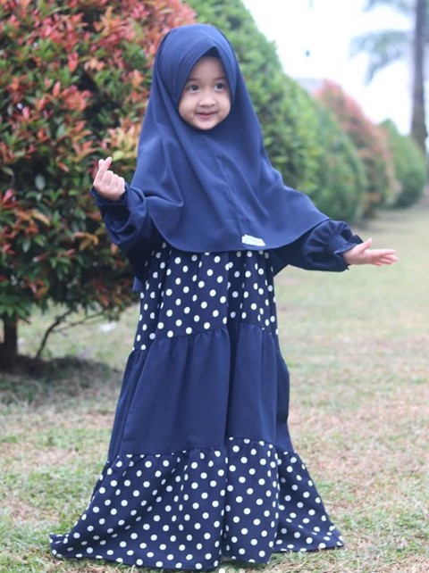 Baju Gamis Anak Bahan Katun Jepang Simple Rok Renda Motif Polkadot Navy