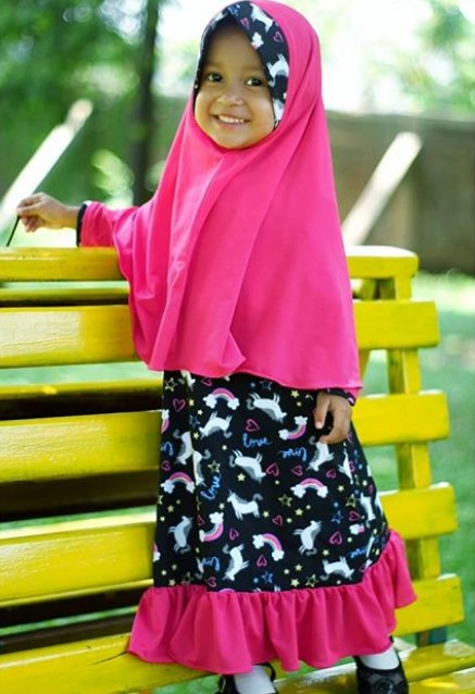Baju Gamis Anak Katun Jepang Motif Bunga Renda Pink Hitam