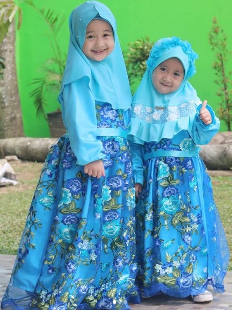 Baju Gamis Anak Katun Jepang Motif Bunga Rok Payung Biru Muda