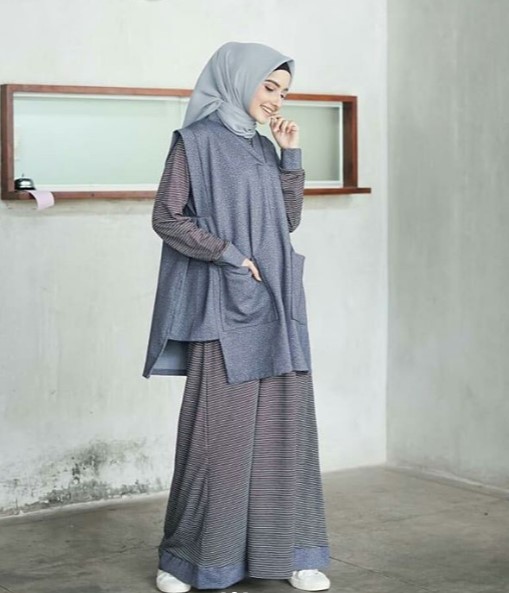 Baju Gamis Anak Muda Jaman Sekarang Outer Kantong Denim Abu