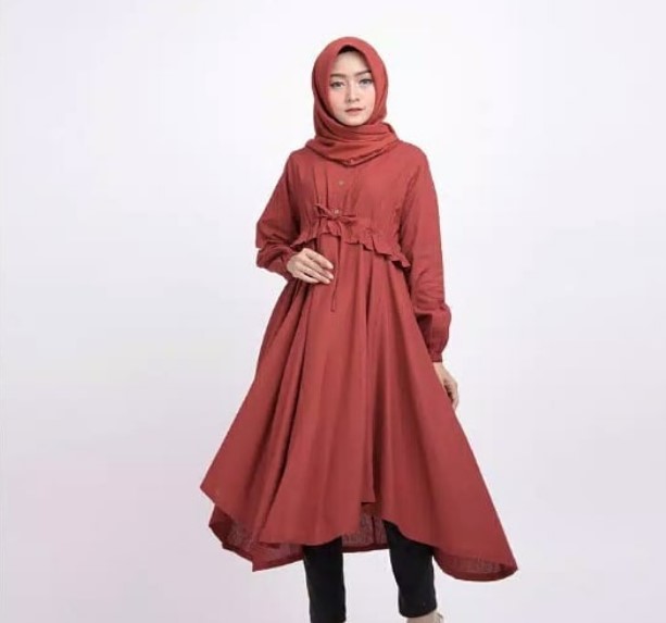 Baju Gamis Anak Muda Jaman Sekarang Rempel Kancing Depan Merah