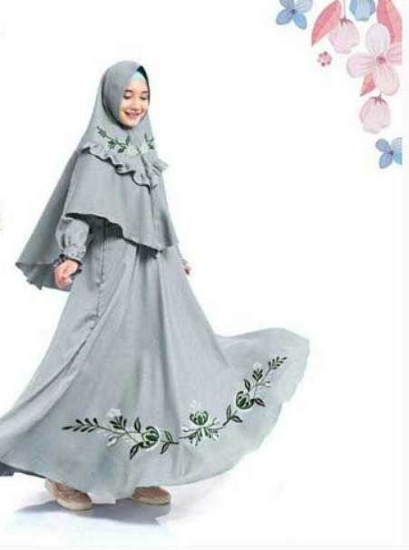 Baju Gamis Anak Perempuan Terbaru Modern Bordir Abu Muda