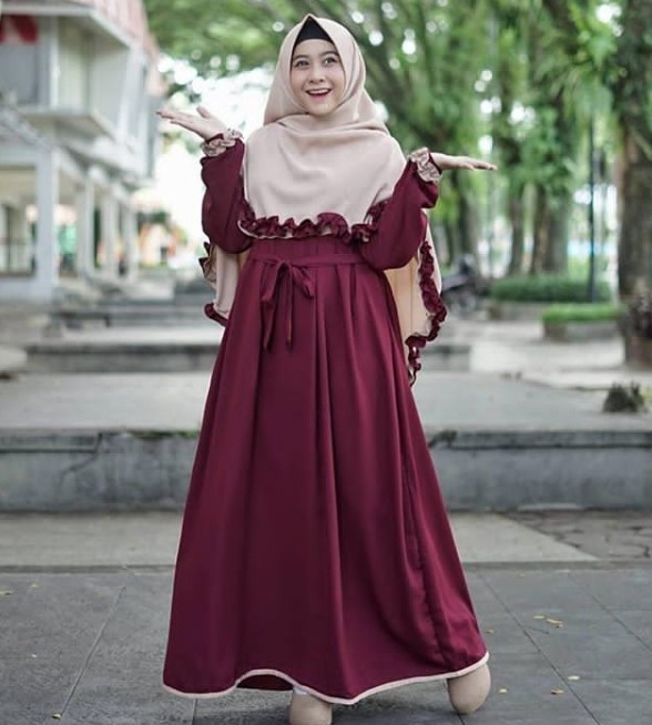 Baju Gamis Anak Perempuan Umur 12 Tahun Ikat Pinggang Jilbab Rempel Maroon