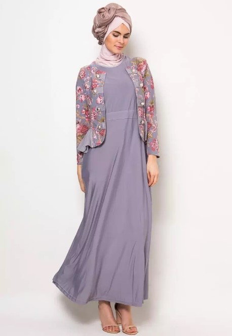 Baju Gamis Batik Kombinasi Kain Polos Modern Biru Denim