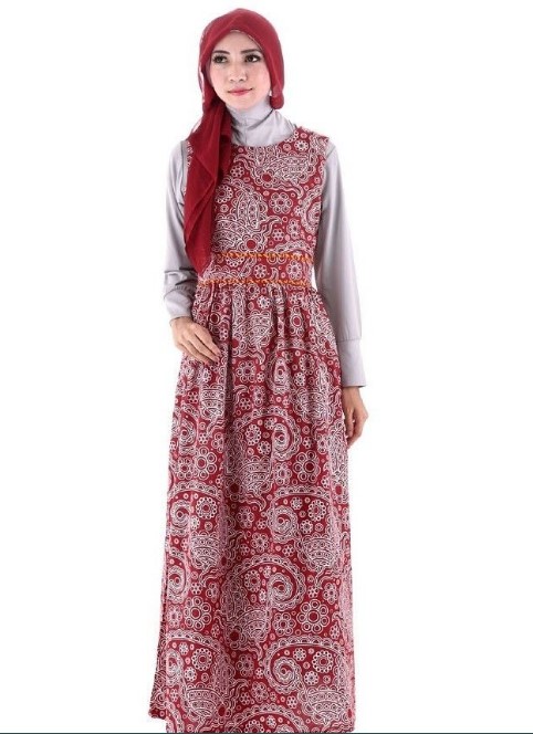 Baju Gamis Batik Kombinasi Kain Polos Modern Grey Merah