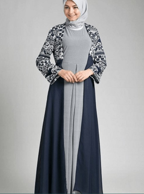 Baju Gamis Batik Kombinasi Kain Polos Modern Grey Navy