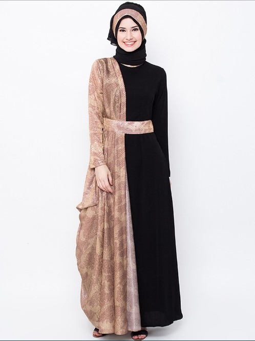 Baju Gamis Batik Kombinasi Kain Polos Modern Hitam Cream