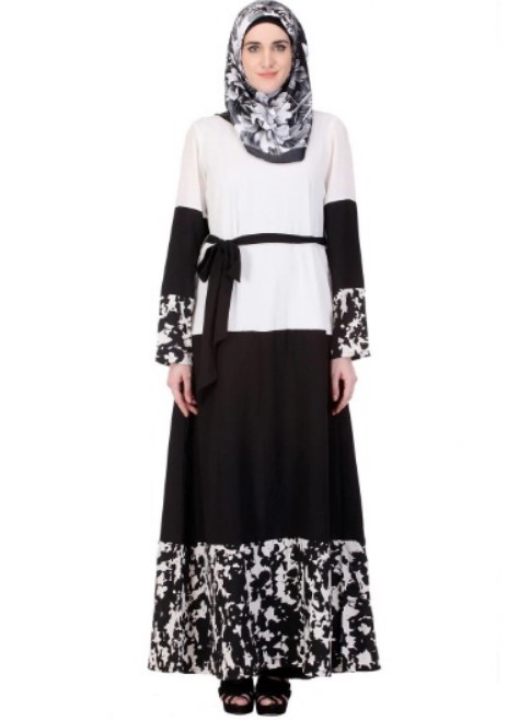 Baju Gamis Batik Kombinasi Kain Polos Modern Hitam Putih