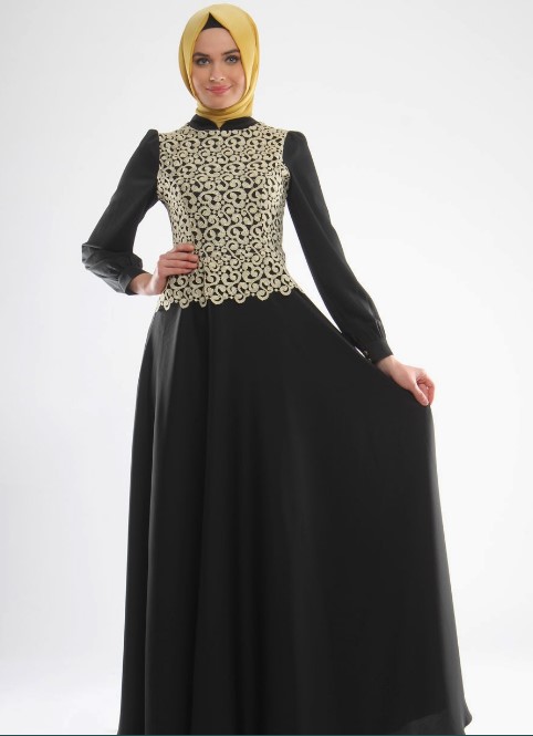 Baju Gamis Batik Kombinasi Kain Polos Modern Hitam