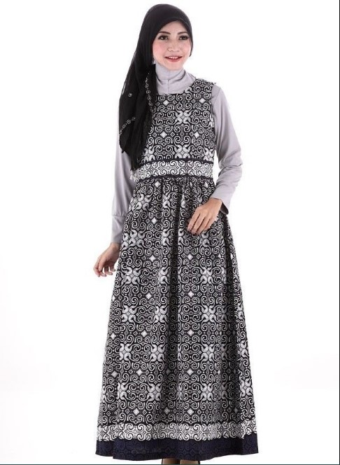 Baju Gamis Batik Kombinasi Kain Polos Modern Katun Grey