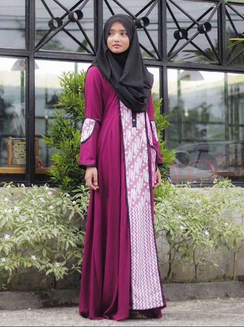 Baju Gamis Batik Kombinasi Kain Polos Modern Magenta