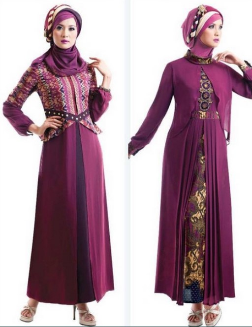 Baju Gamis Batik Kombinasi Kain Polos Modern Ungu