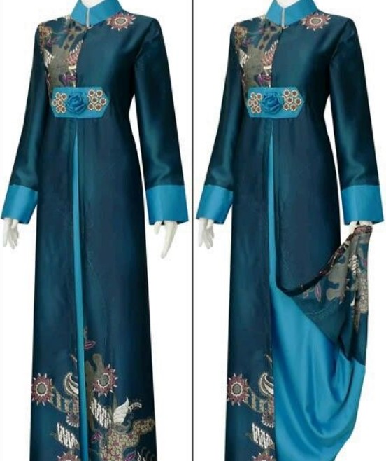Baju Gamis Batik Kombinasi Polos Modern Aksen Bunga Satin Biru Muda dan Tua