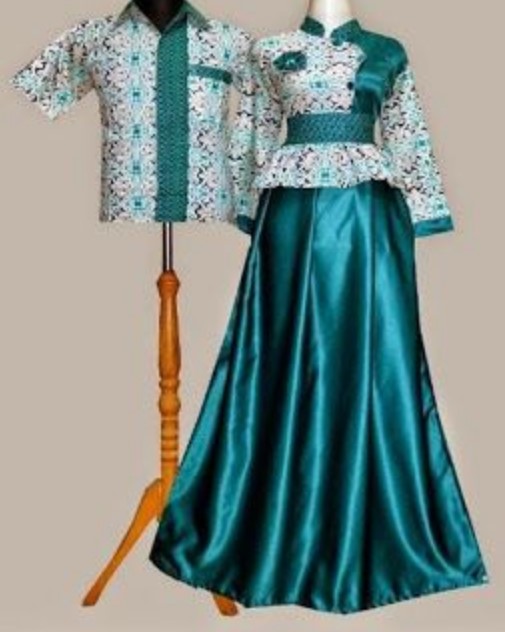 Baju Gamis Batik Kombinasi Polos Modern Bahan Satin Hijau Tua Putih