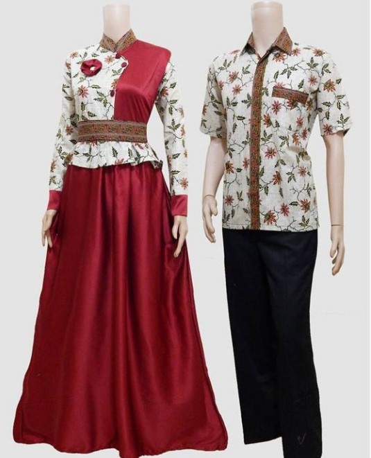 Baju Gamis Batik Kombinasi Polos Modern Bahan Satin Merah Putih