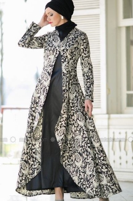 Baju Gamis Batik Kombinasi Polos Modern Blazer Panjang Hitam Putih