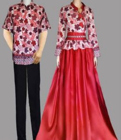 Baju Gamis Batik Kombinasi Polos Modern Model Peplum Merah