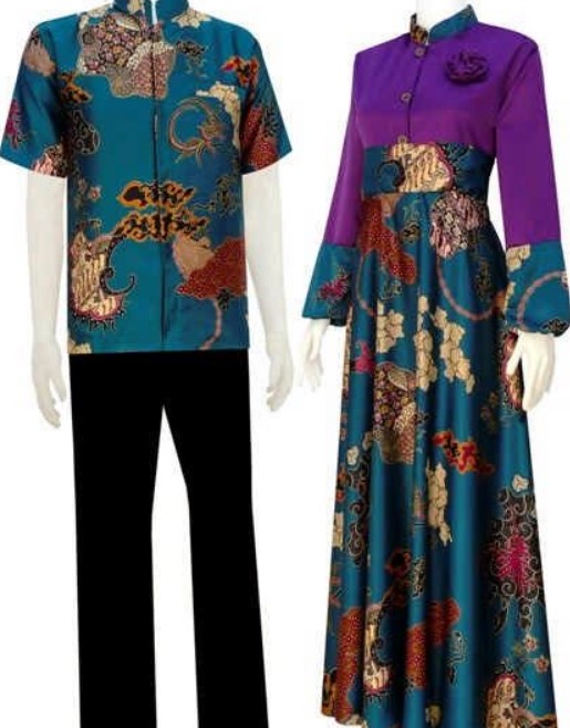 Baju Gamis Batik Kombinasi Polos Modern Satin Kancing Depan Ungu Biru