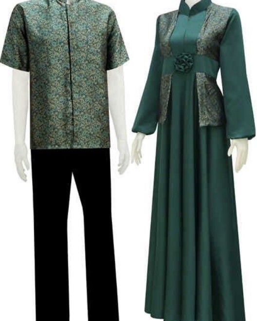 Baju Gamis Batik Kombinasi Polos Sifon Modern Aksen Bunga Hijau Tua