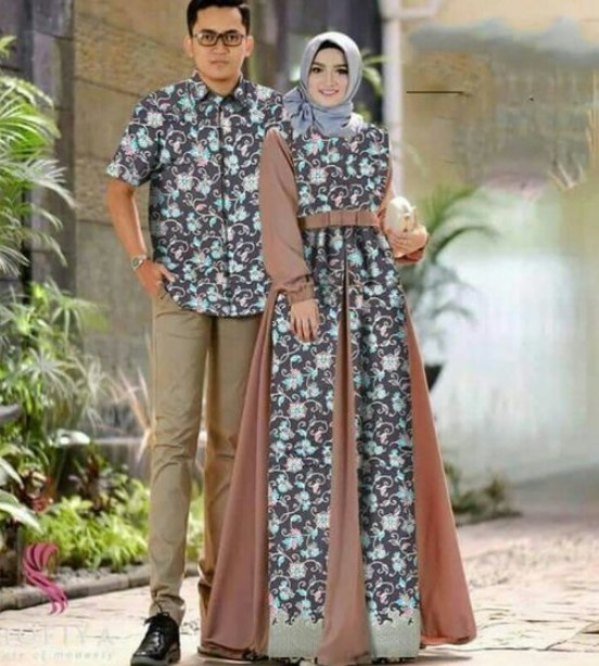Baju Gamis Batik Kombinasi Polos Sifon Modern Aksen Pita Rok Lebar Cream