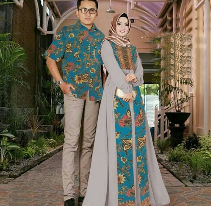 Baju Gamis Batik Kombinasi Polos Sifon Modern Soft Grey Blue