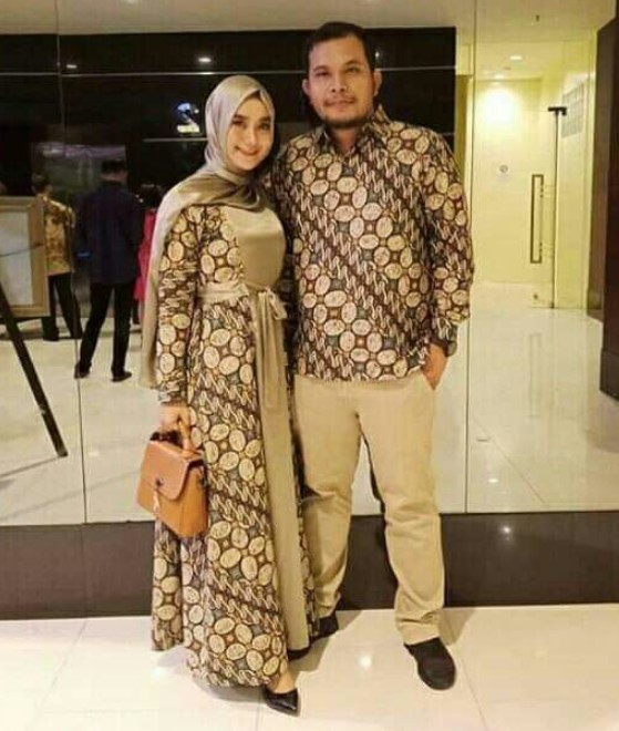 Baju Gamis Batik Kombinasi Polos Sifon Modern Tali Pinggang Soft Nude
