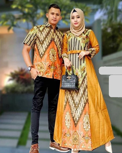 Baju Gamis Batik Kombinasi Satin untuk Remaja Aksen Pita Pinggang Yellow