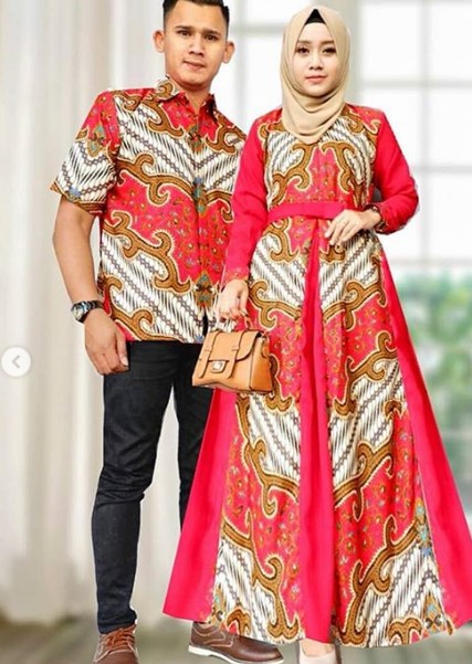 Baju Gamis Batik Kombinasi Satin untuk Remaja Belah Tengah Merah Cabe