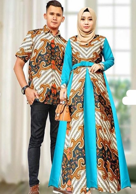 Baju Gamis Batik Kombinasi Satin untuk Remaja Belah Tengah Soft Tosca