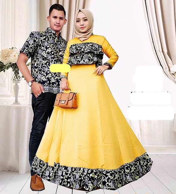 Baju Gamis Batik Kombinasi Satin untuk Remaja Rempel Dada Soft Yellow