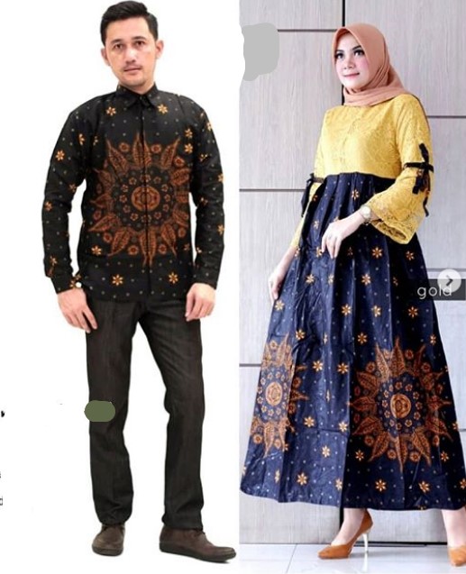 Baju Gamis Brokat Kombinasi Batik Modern Lengan Lonceng Warna Kuning