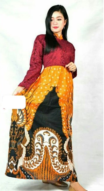 Baju Gamis Brokat Kombinasi Batik Modern Simple Kerah Batik Merah Maroon