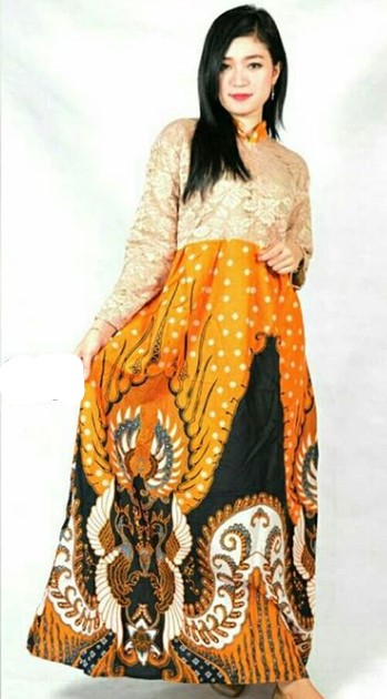 Baju Gamis Brokat Kombinasi Batik Modern Simple Kerah Batik Soft Cream