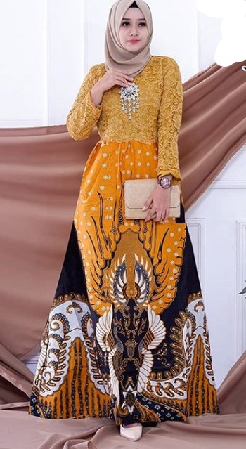 Baju Gamis Brokat Kombinasi Batik Modern Simple Warna Mustard