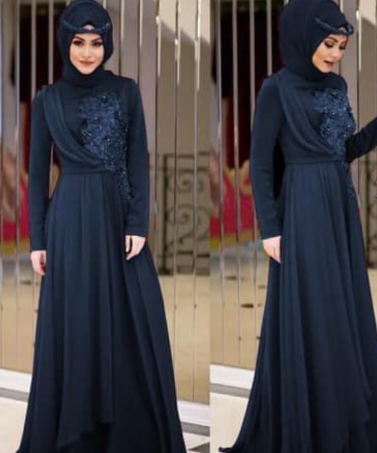 Baju Gamis Brokat Kombinasi Sifon Pendek Navy