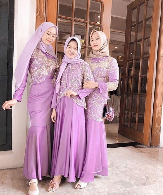 Baju Gamis Brokat Pesta Mewah Satin Brokat Payet Rok Duyung Lavender