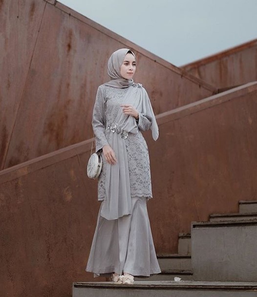 Baju Gamis Brokat Pesta Mewah Satin Brokat Sifon Rok Duyung Grey Nude