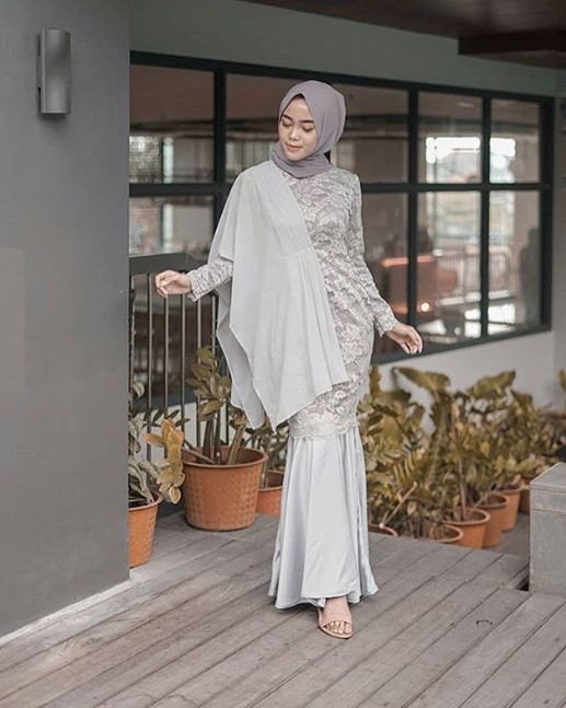 Baju Gamis Brokat Pesta Mewah Satin Brokat Sifon Rok Duyung Soft Grey
