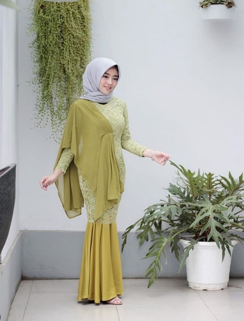 Baju Gamis Brokat Pesta Mewah Selendang Bahu Sifon Satin Olive