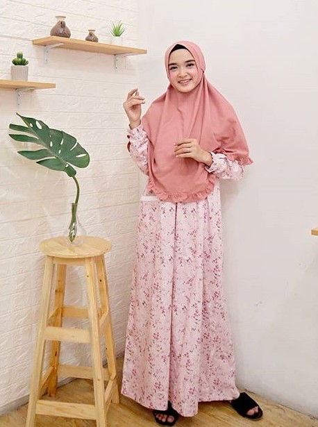 Baju Gamis Katun Jepang Motif Bunga Murah Kantong Renda Baby Pink