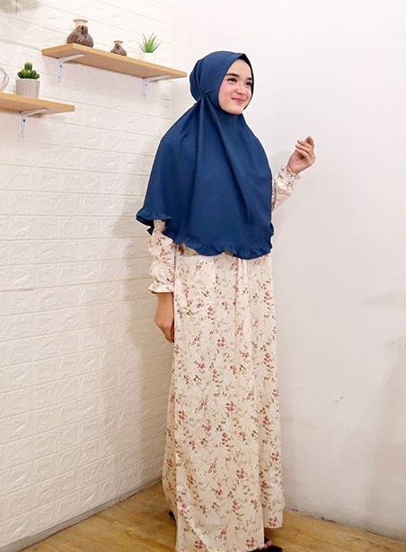Baju Gamis Katun Jepang Motif Bunga Murah Kantong Renda Broken White
