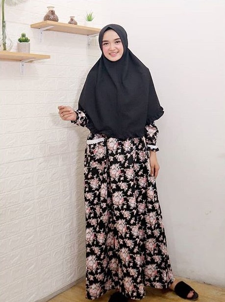 Baju Gamis Katun Jepang Motif Bunga Murah Kantong Renda Hitam