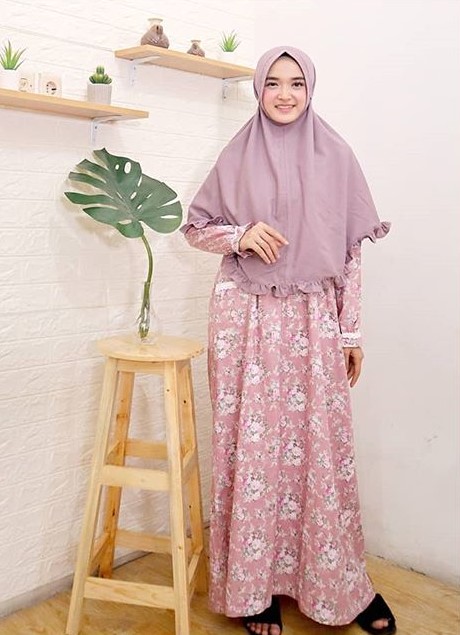 Baju Gamis Katun Jepang Motif Bunga Murah Kantong Renda Rose Pink