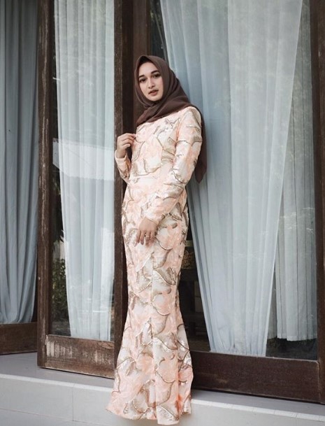 Baju Gamis Katun Jepang Motif Bunga Murah Modern Rok Soft Peach