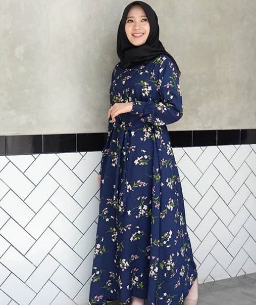 Baju Gamis Katun Jepang Motif Bunga Murah Resleting Depan Navy