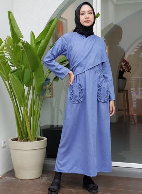 Baju Gamis Katun Jepang Polos Murah Kantong Rempel Blue Denim
