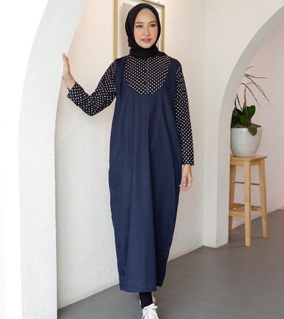 Baju Gamis Katun Jepang Polos Murah Kombinasi Polkadot Maxi Navy Hitam