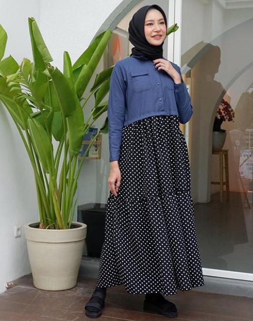 Baju Gamis Katun Jepang Polos Murah Kombinasi Polkadot Model Hem Rok Rempel Hitam Navy